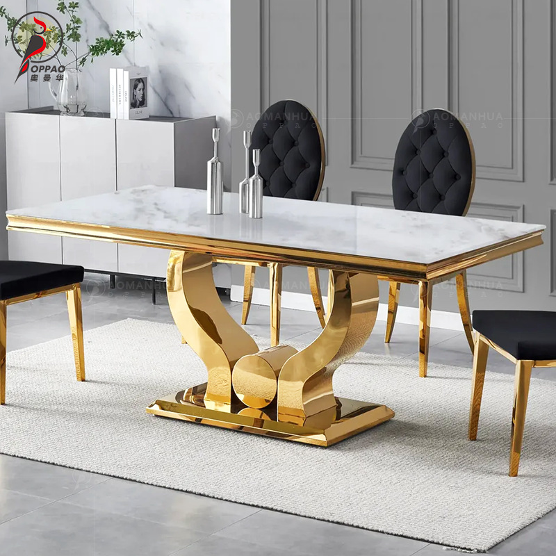 Light Luxury Post-Modern Marble Dining Table and Chair Combination Modern Minimalist Designer Classy Stainless Steel Rectangular Table
