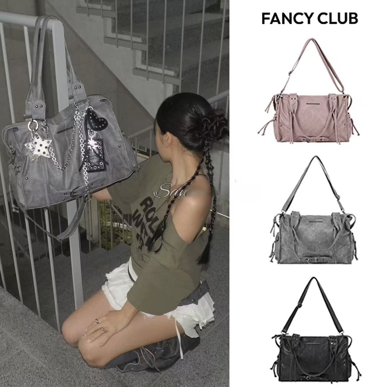 5가지 색상 재고 있음 FANCY CLUB 대용량 레트로 숄더 토트백 리벳 스트랩 바이커 핸드백