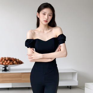 French One-Shoulder Short-Sleeved Fishbone Corset Tube Top Slim-Fitting Vest with Slim Design and Off-Shoulder Top for Women