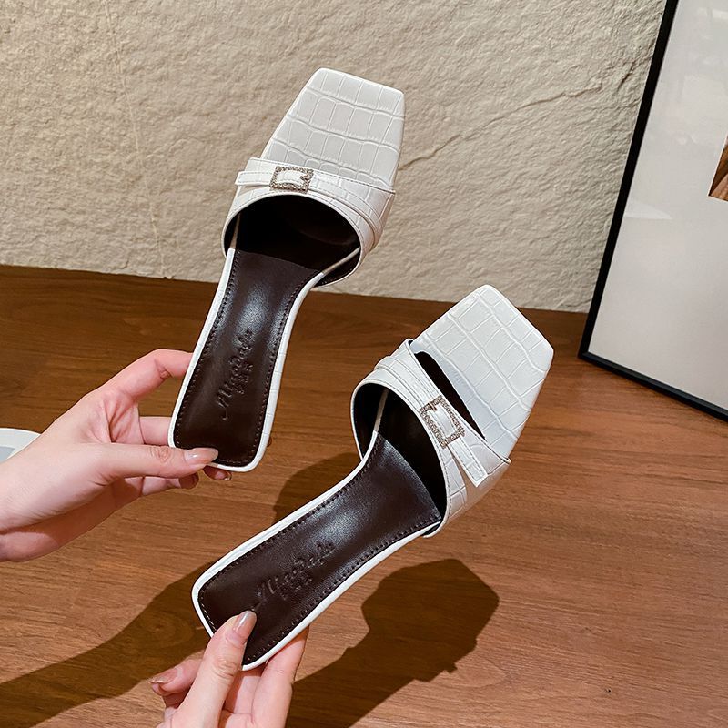 2026 Summer New Style Black Crocodile Pattern Thin Heel Square Toe Rhinestone High Heels with One-Strap Mule Sandals for Women