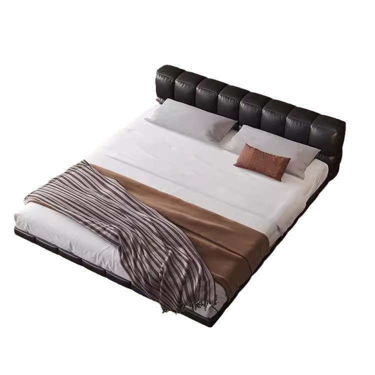 Cama de suspensión minimalista italiana, cama de cuero con tofu negro, cama de cama moderna, cama de cama doble de paquete suave simple