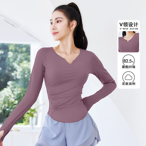 Peach new V-neck long-sleeved sweat-absorbent breathable running sports top waist-cinching three-dimensional slim fitness yoga wear for women