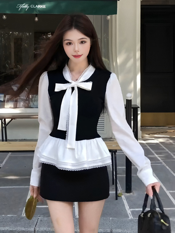 法式气质撞色蝴蝶结系带衬衫女装秋季新款高腰包臀裙绝美两件套|undefined