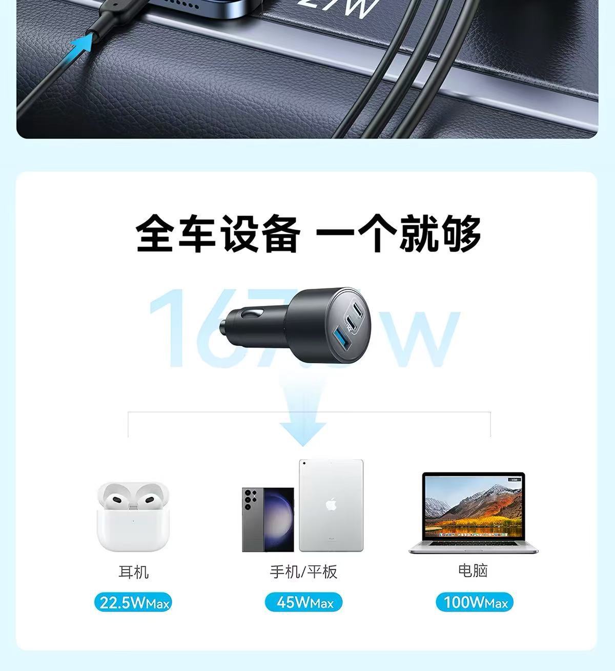 Anker Car Charger Super Fast Charging 167.5W Cigarette Lighter USB for Apple 17, Xiaomi, Huawei Phones