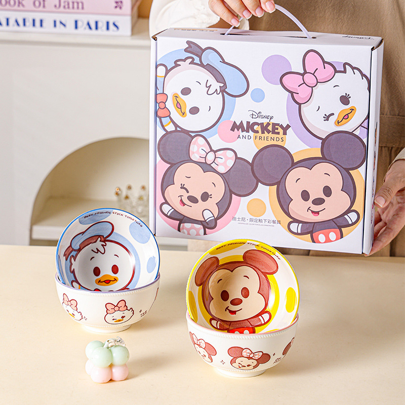 Disney 2025 nuevo tazón de arroz a rayas Stitch juego de 4 piezas de color bajo vidriado caja de regalo regalo regalo de inauguración