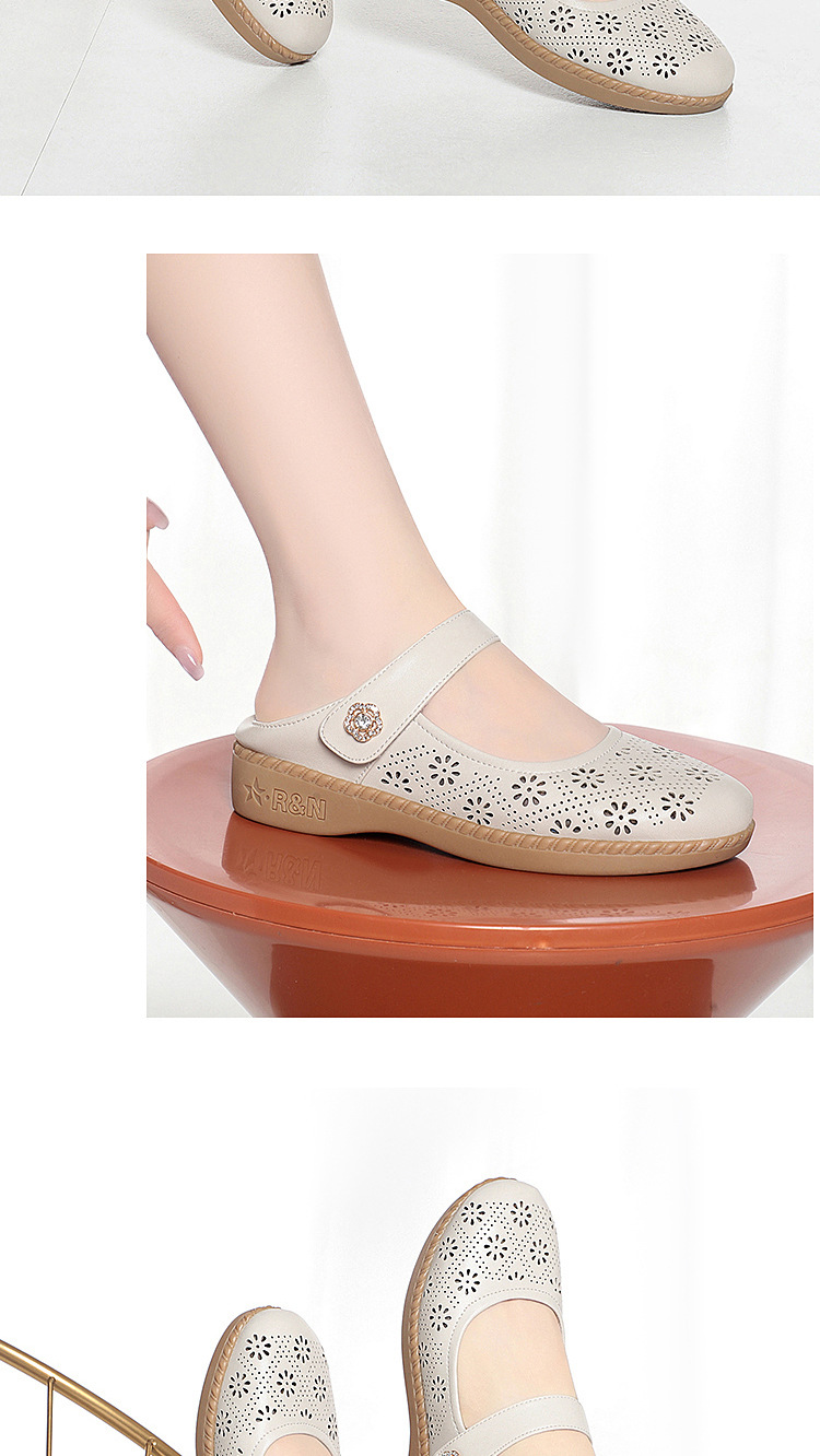 Giày sandal nữ da thật lỗ thoáng khí mũi nhẹ đế bệt phong cách mẹ bỉm — màu be chi tiết 11