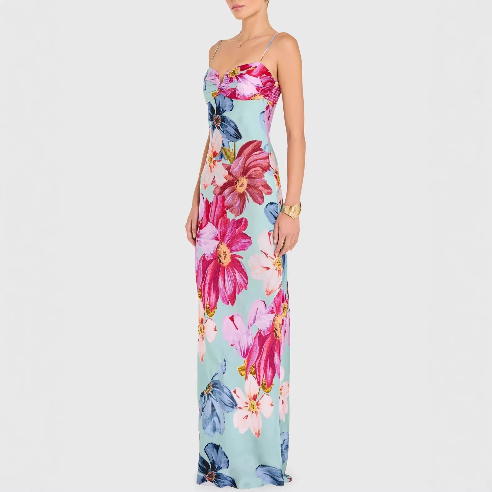 Women's Off-Shoulder Floral Print Dress Spaghetti Strap Bodycon Long Casual Elegant White Slim Fit_ecoleips.com