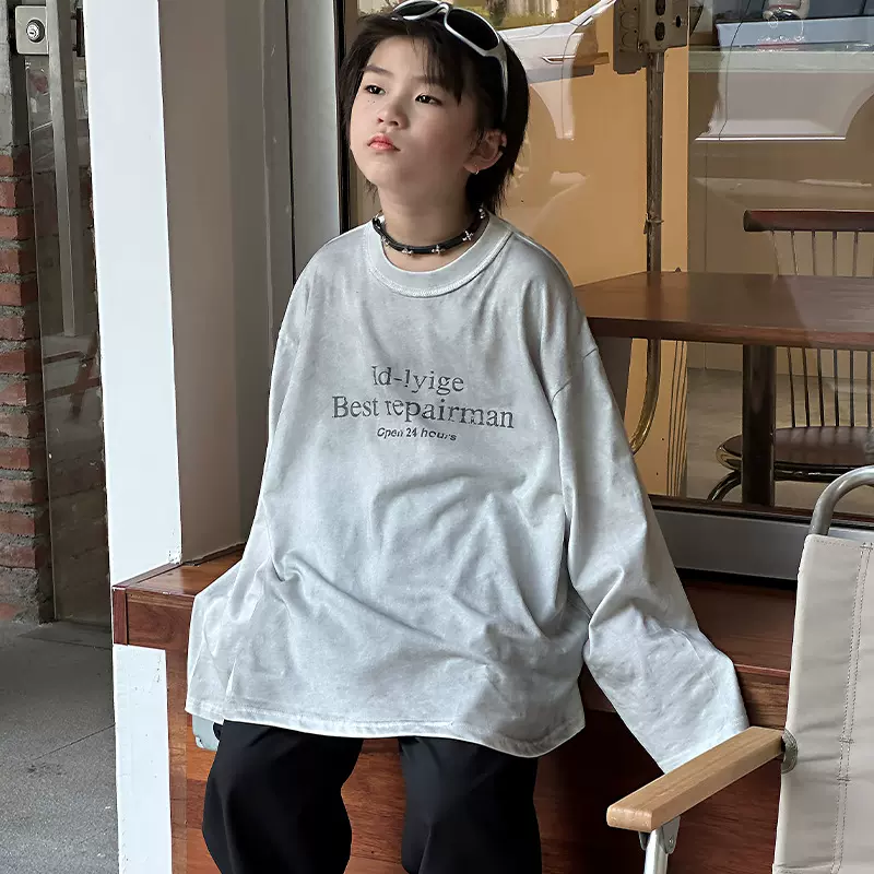 男童长袖打底衫以鸿制衣2025秋季新款韩版手工喷色脏染儿童t恤