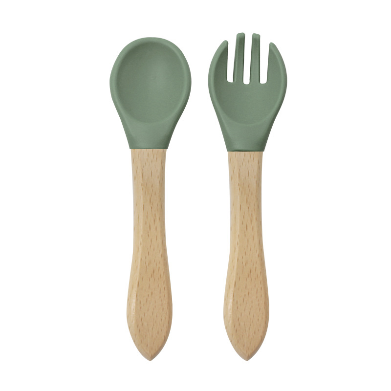 Bebé mango de madera tenedor cuchara traje de alimentación de los niños de madera mango tenedor cuchara conjunto cuchara de silicona tenedor bebé alimento suplemento tenedor cuchara traje image 17