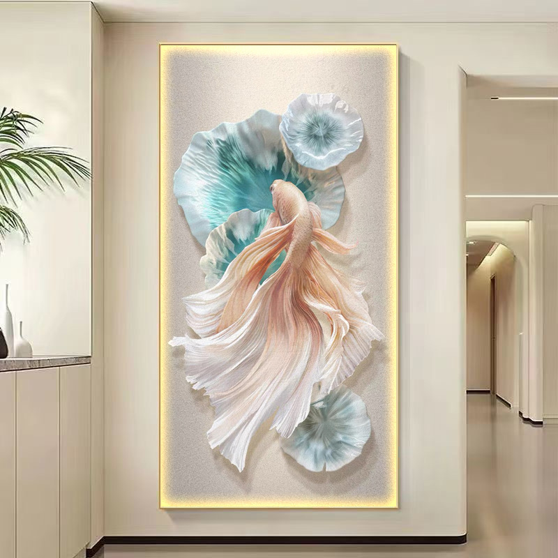 锦鲤入户玄关装饰画现代简约轻奢走廊过道壁画侘寂风茶室客厅挂画|undefined