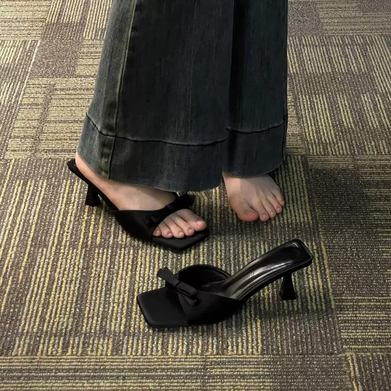 法式方头小凉拖鞋细跟高跟鞋女2025夏季新款蝴蝶结一字拖半拖