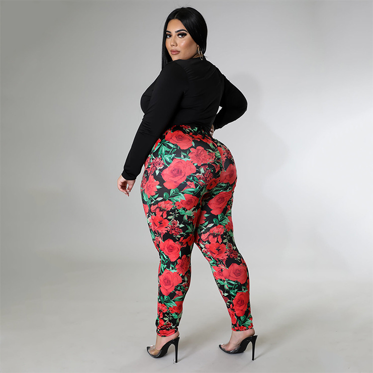 plus size solid color V-Neck Tight Top printed Pants Two-piece Set NSCYF122396