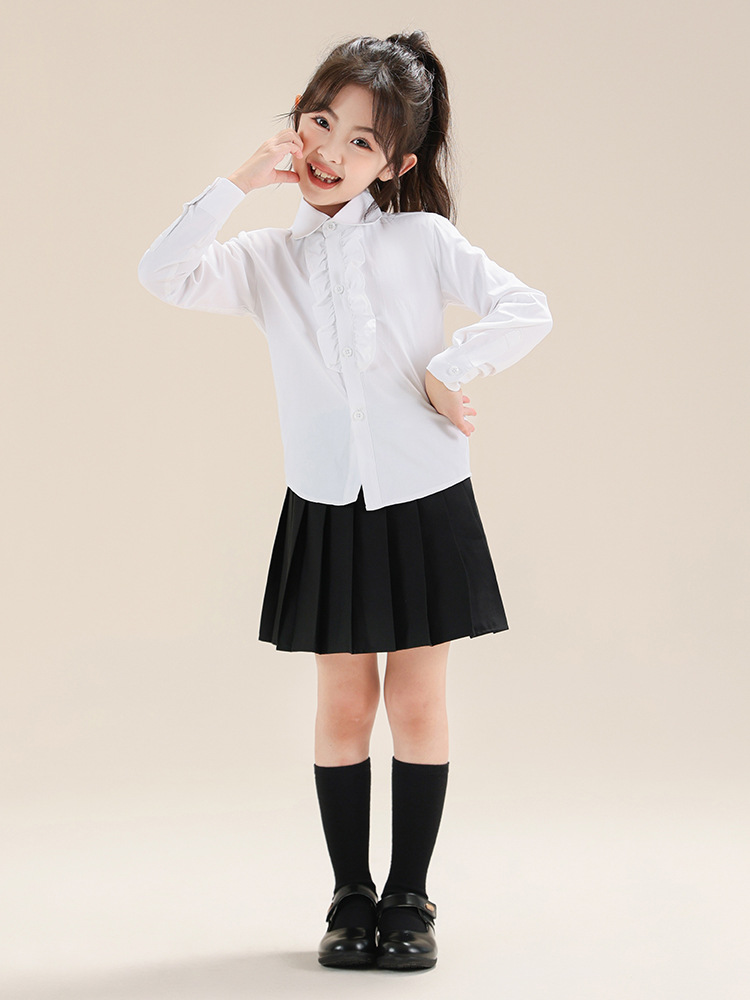 Falda plisada para niñas, traje de 2 piezas, camisa blanca con ramillete para niños, camisa de estilo universitario para niñas, traje de primavera y otoño