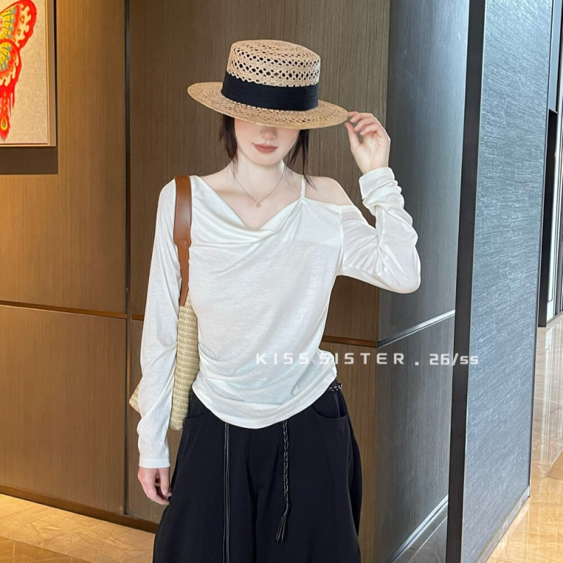 Korean-Style Off-Shoulder, Swing-Neck, Solid Color T-Shirt Design, Slimming Lyocell Sun Protection Top (Contains 19% Wool) A6308