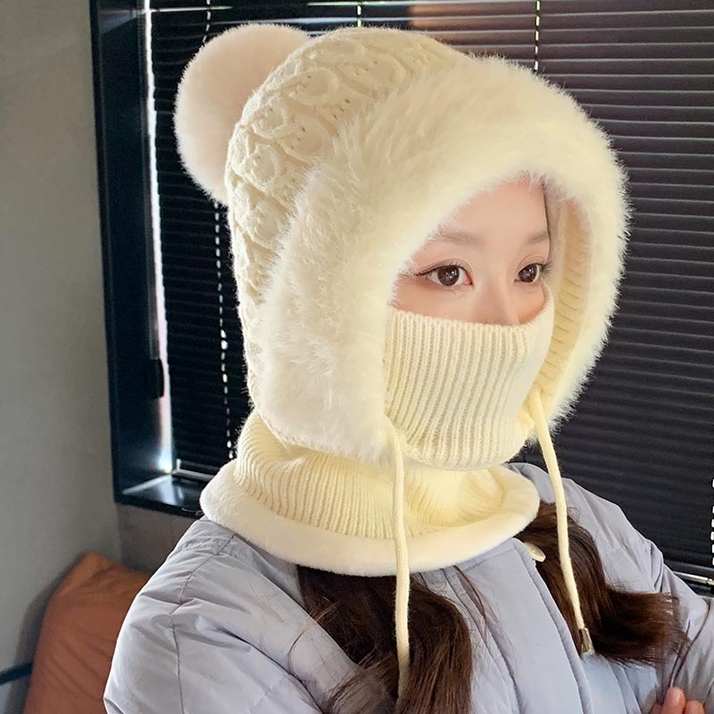 新款连体帽女冬季骑行加绒加厚遮脸护耳针织帽子围脖口罩保暖套件|undefined