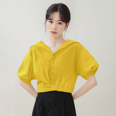 多巴胺减龄绿色翻领短袖衬衫女2025年夏季新款小个子甜美短款衬衣