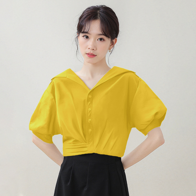 多巴胺减龄绿色翻领短袖衬衫女2025年夏季新款小个子甜美短款衬衣|undefined