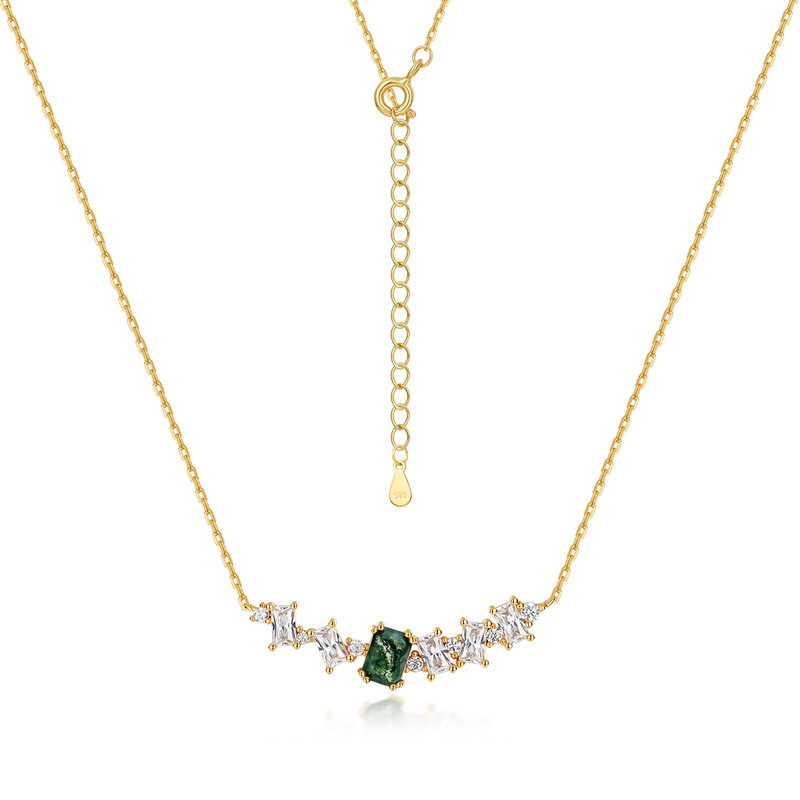 Transfronterizo personalizado al por mayor S925 plata verde musgo piedra collar mujer agua hierba ágata cadena de clavícula luz lujo estilo europeo y americano