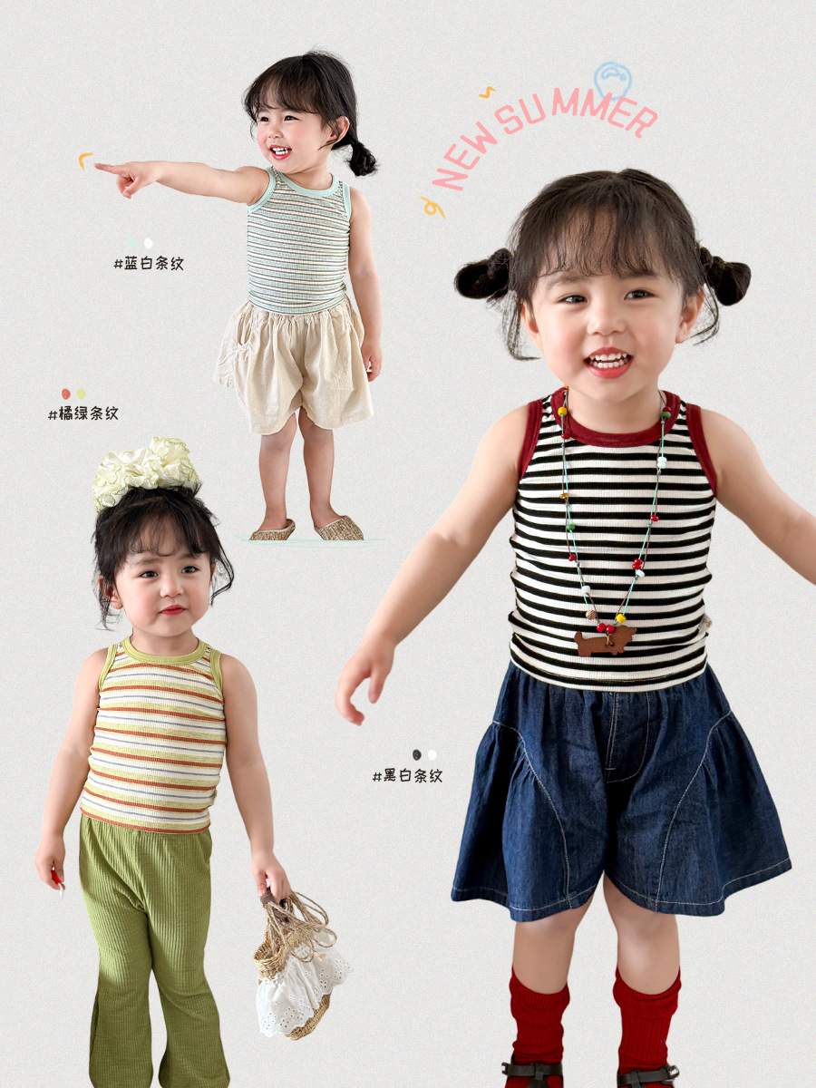 Ropa para niños de caña de pera Chaleco para niñas Verano delgado 2025 Nuevo estilo Camisola a rayas para niños Top A Ropa de bebé