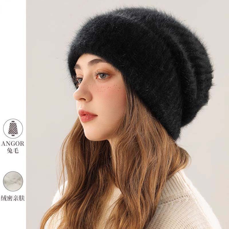 高档兔毛帽子女秋冬毛绒堆堆帽显脸小针织毛线帽大头围加厚保暖无|undefined
