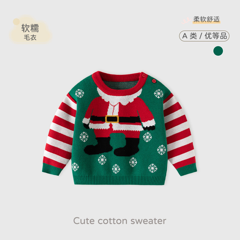 Santa Claus Red and Green Color Matching Pure Cotton Baby Sweater Category a Thickeneded Cross-Border European and American Christmas Kidsren's Sweater Santa Claus Red and Green Color Matching Pure Cotton Baby Sweater Category a Thickeneded Cross-Border European and American Christmas Kidsren's Sweater