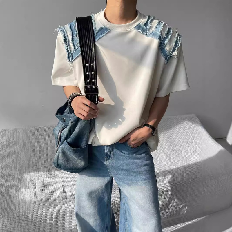 Summer Dress Niche Shoulder Spelling Denim Design Men's Loose Short-sleeved T-shirt Trendy Brand American Style Trapy Handsome High-end T-tide