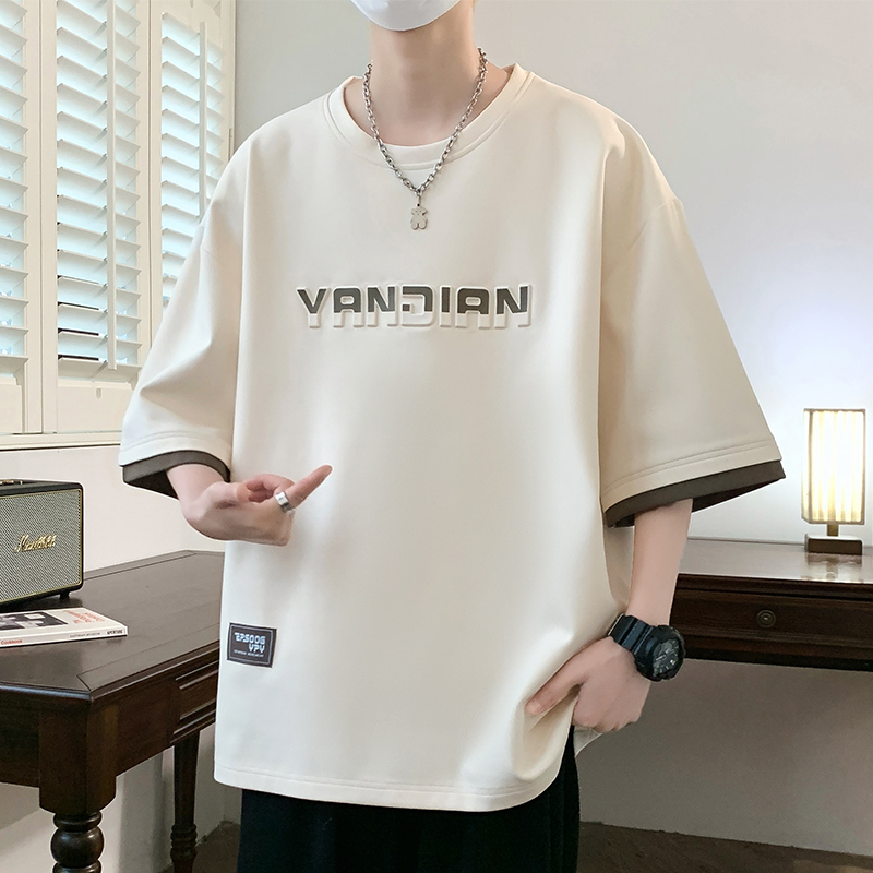Plus-Size Short-Sleeve T-Shirt for Men, Summer Edition, Oversized with Embossed Design, Loose Fit, Color-Blocked Round Neck Top for Big and Tall Individuals