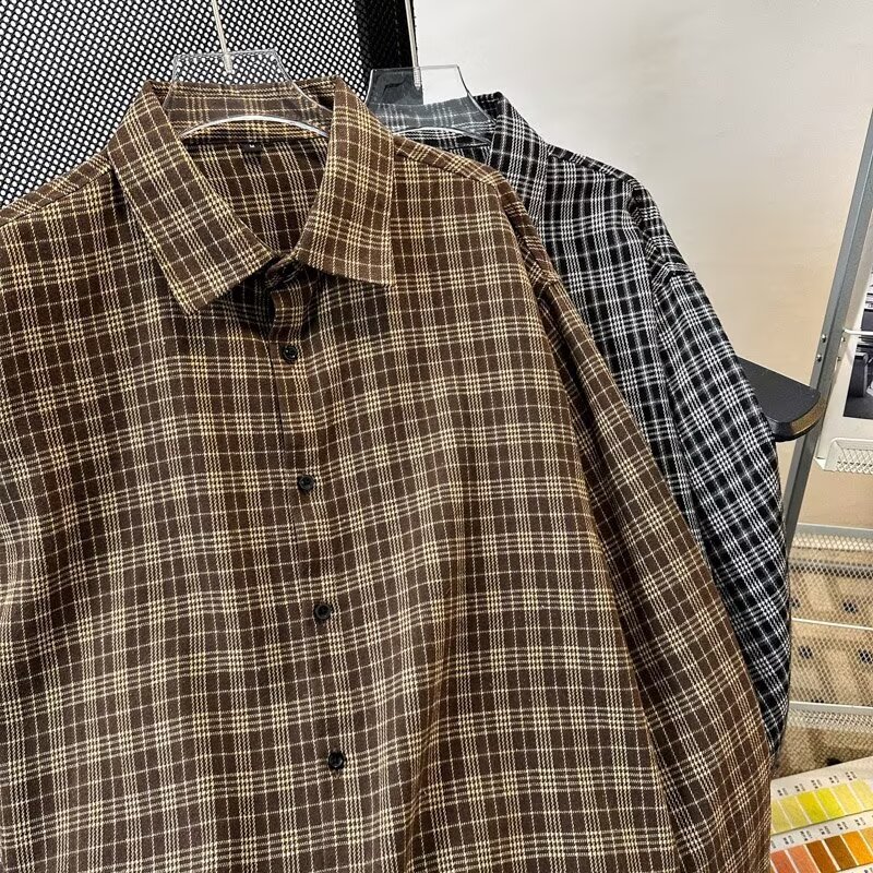 Retro Plaid Contrast Lapel Shirt Men's Long-Sleeved Tops Spring & Fall American High Street Layered Shirts Casual Jackets