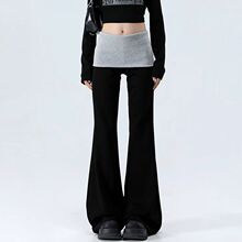 黑色拼接微喇叭裤女春季新款设计感修身显瘦拖地休闲裤