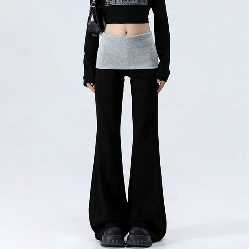Black Patchwork Flared Pants for Women, New Spring Design, Slim Fit, Floor-Length Casual Pants