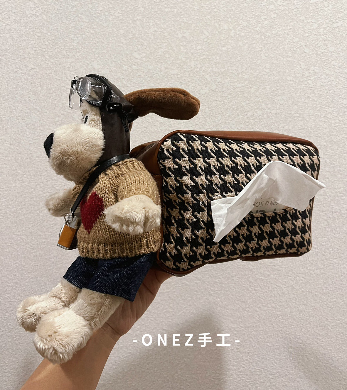 Car Super Cute Dog Doll Car Seat Multifunctional Hanging Houndstooth Tissue Pack Car Tissue Box