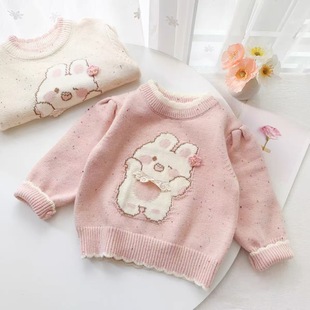 Children's Baby Girl Winter 2024 New Western Style Warm Cute Cartoon Rabbit Knitted Thickened Sweater Base Shirt