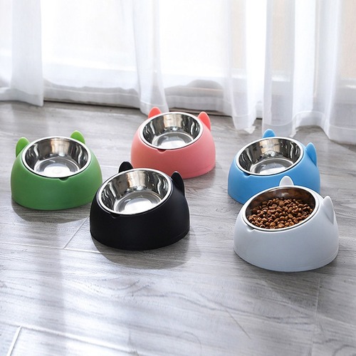 Internet celebrity stainless steel cat bowl and dog bowl double bowl to protect cervical spine oblique mouth pet food bowl pet supplies