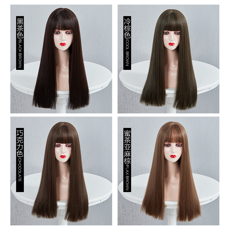 Peluca de pelo largo de las mujeres cubierta de la cabeza completa red Rojo Negro pelo largo y recto natural flequillo de aire simulación de cabello esponjoso Peluca de reparación de cabello