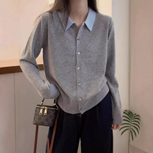 时尚宽松短款撞色POLO领羊毛针织开衫女拼色衬衣领羊毛衣外套打底