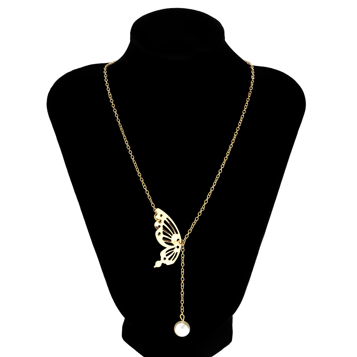 Elegant Butterfly Pearl Pendant Necklace With Back Chain Detail_voghion.com