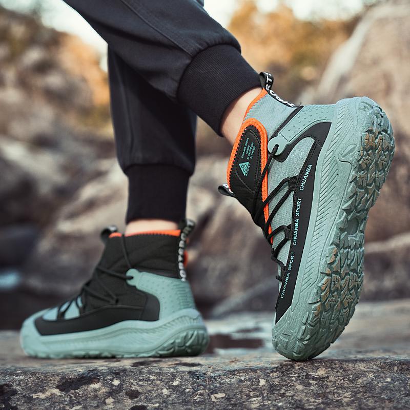 男鞋网面透气款防滑户外钓鱼鞋轮胎底耐磨登山攀岩鞋高帮工装鞋子