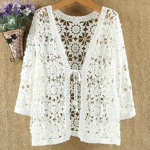 All-match hollow-out three-quarter sleeve knitted cardigan lace-up loose suspender skirt women's short coat