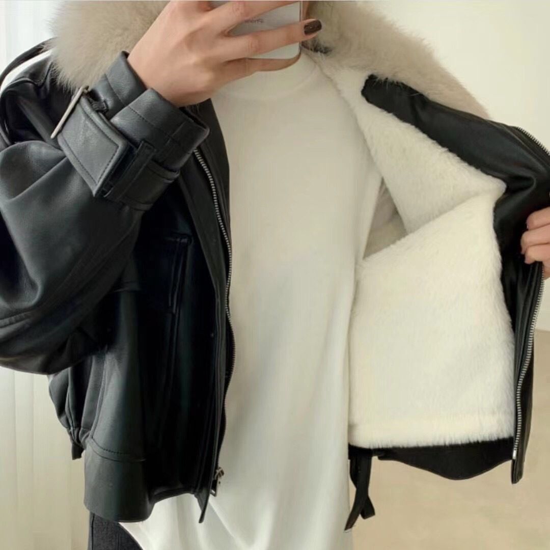 Women's Leather Fur Coat With Large Collar Loose Fit Thickened Velvet Short Cotton Outerwear For Autumn Winter Small Size_voghion.com
