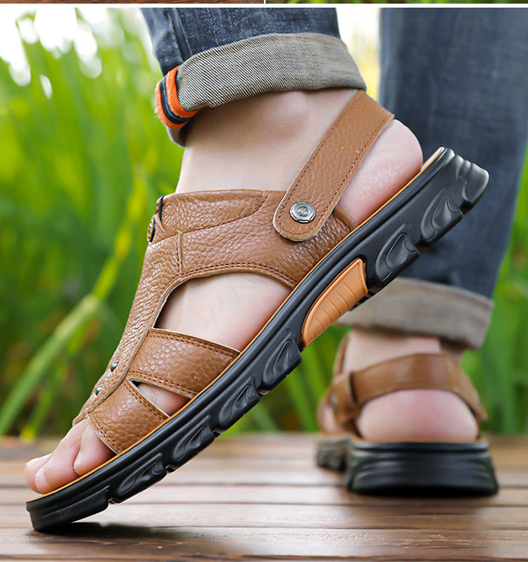 Dép sandal nam da thật hở ngón, quai ngang co giãn, chống trượt thoáng khí, kiểu lê đa năng — Vàng nâu, màu đen chi tiết 14