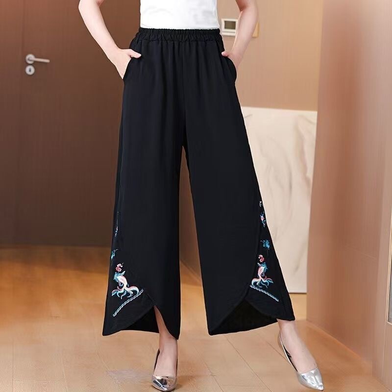 National Style Embroidered Loose Retro Cropped Pants 2026 Spring/Summer New High-Waisted Loose Slimming Wide-Leg Pants for Women