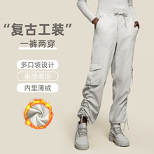 新款宽松百搭运动休闲裤加绒保暖多口袋健身工装裤女秋冬D25001-2