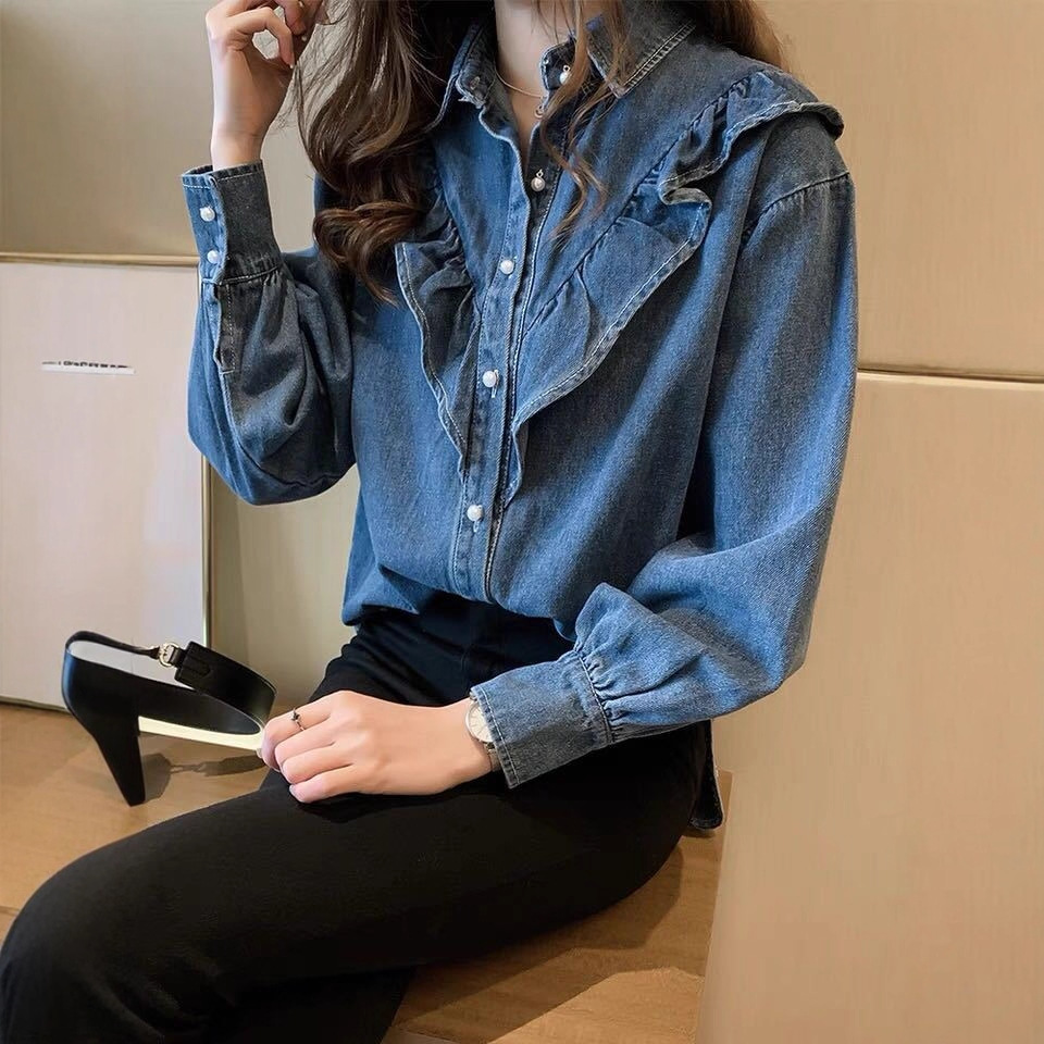 春装新款韩版甜美荷叶边牛仔衬衫女宽松显瘦长袖上衣打底衫潮