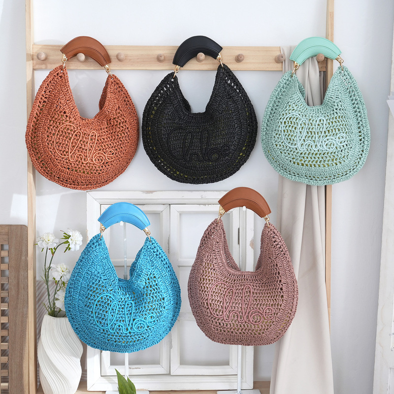 New Summer Straw Bag, Crescent Woven Bag, Handmade Raffia Tote Bag, Handheld Beach Bag, Single-Shoulder Underarm Bag