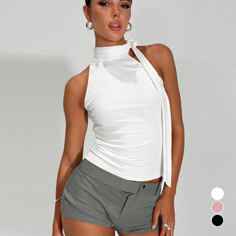 2025 New Amazon Summer Sleeveless Top Sexy Crop Backless Neck Strap Tight Women T-Shirt