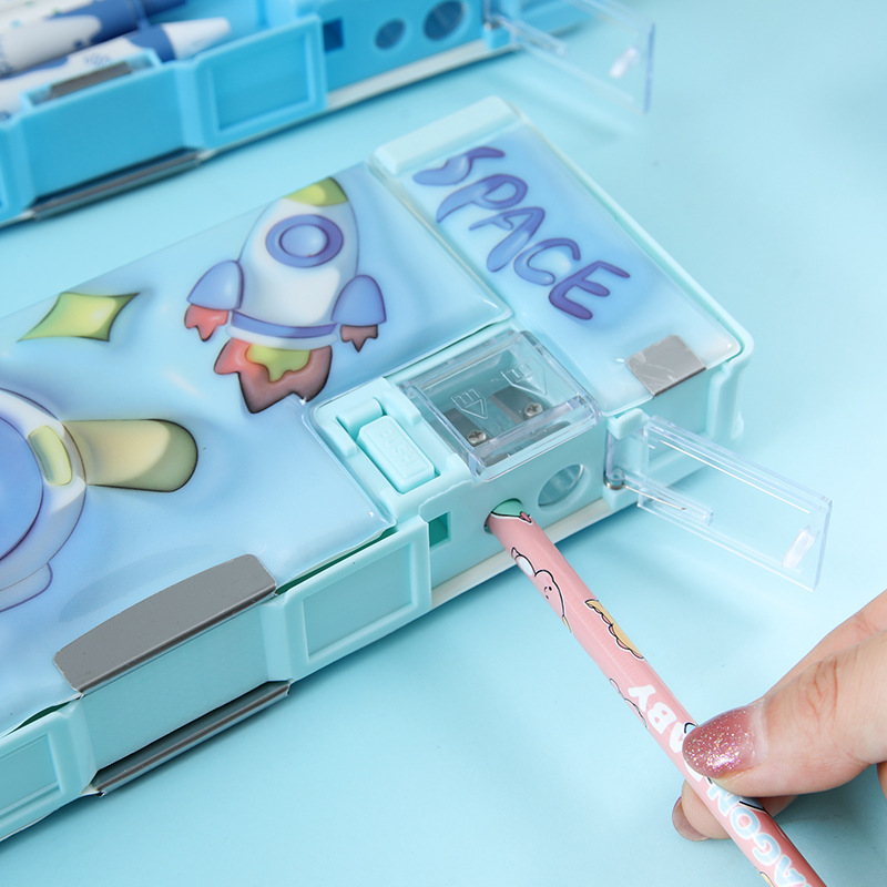 Caja de papelería de dibujos animados de astronautas multifuncional de alto valor facial para niños caja de lápiz de tecnología negra caja de almacenamiento de gran capacidad