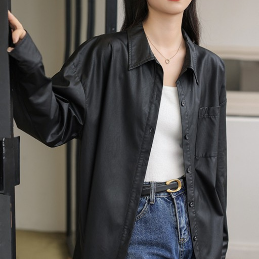 PU Leather Retro Long-sleeved Shirt Women's Spring New Korean Style High Casual Elegant Coat Top