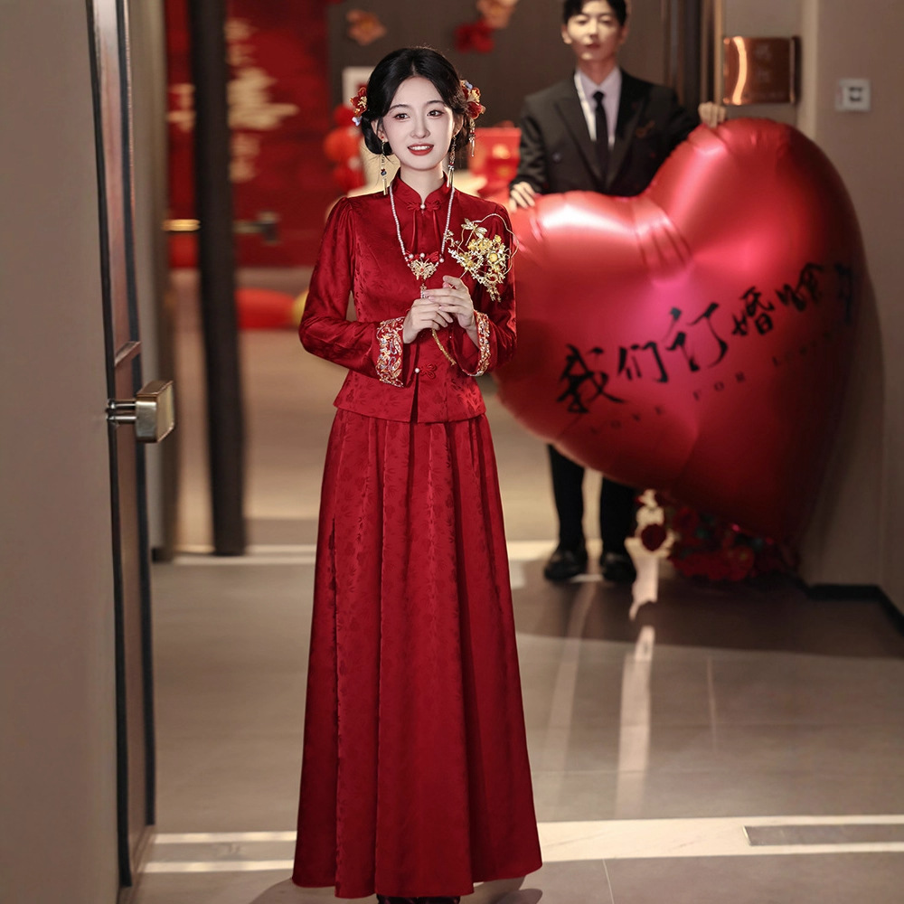 New Chinese-Style Cheongsam Toast Dress for Bride 2026 New Red New Chinese-Style Engagement Dress Homecoming Casual Long-Sleeve Dress