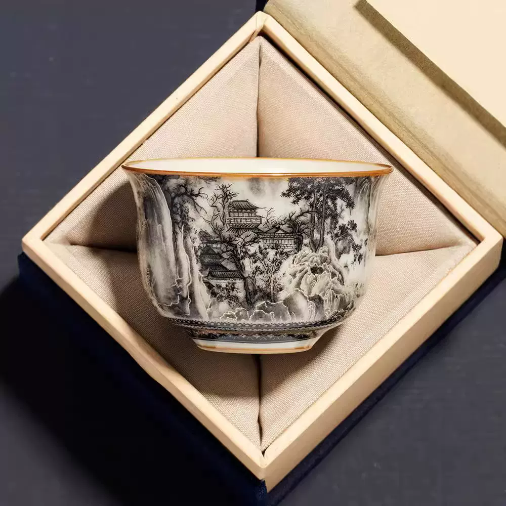 汝窑水墨山水圆鼎杯茶杯个人专用高档主人杯单杯品茗杯陶瓷茶具