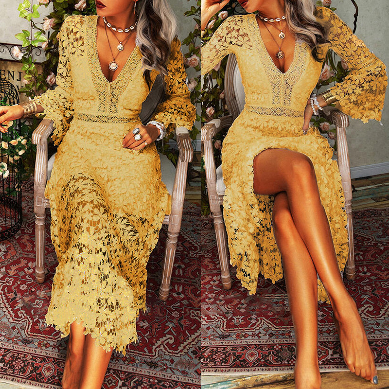 511g Weight Midi Dress Dress Length Type Long Sleeve Sleeve Length Lace Dress Dresses Type Polyester Fabric Type High Waist Waist Line Holiday, Date Occasion V Neck Neckline Slim Fit Type Solid Color, Lace Pattern Summer Season Women's Gender Hollow Out Design Elegant, Streetwear Style Wholesale Women's Elegant Streetwear Hollow Out Solid Color Lace Holiday Date V Neck Long Sleeve Lace Dress 21